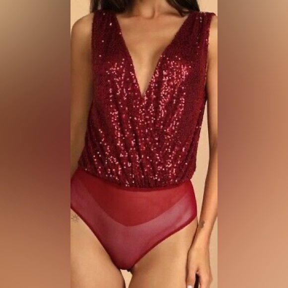 LULUS Evening Of Wonder Burgundy Sequin Cowl Back Bodysuit! - Picture 2 of 10